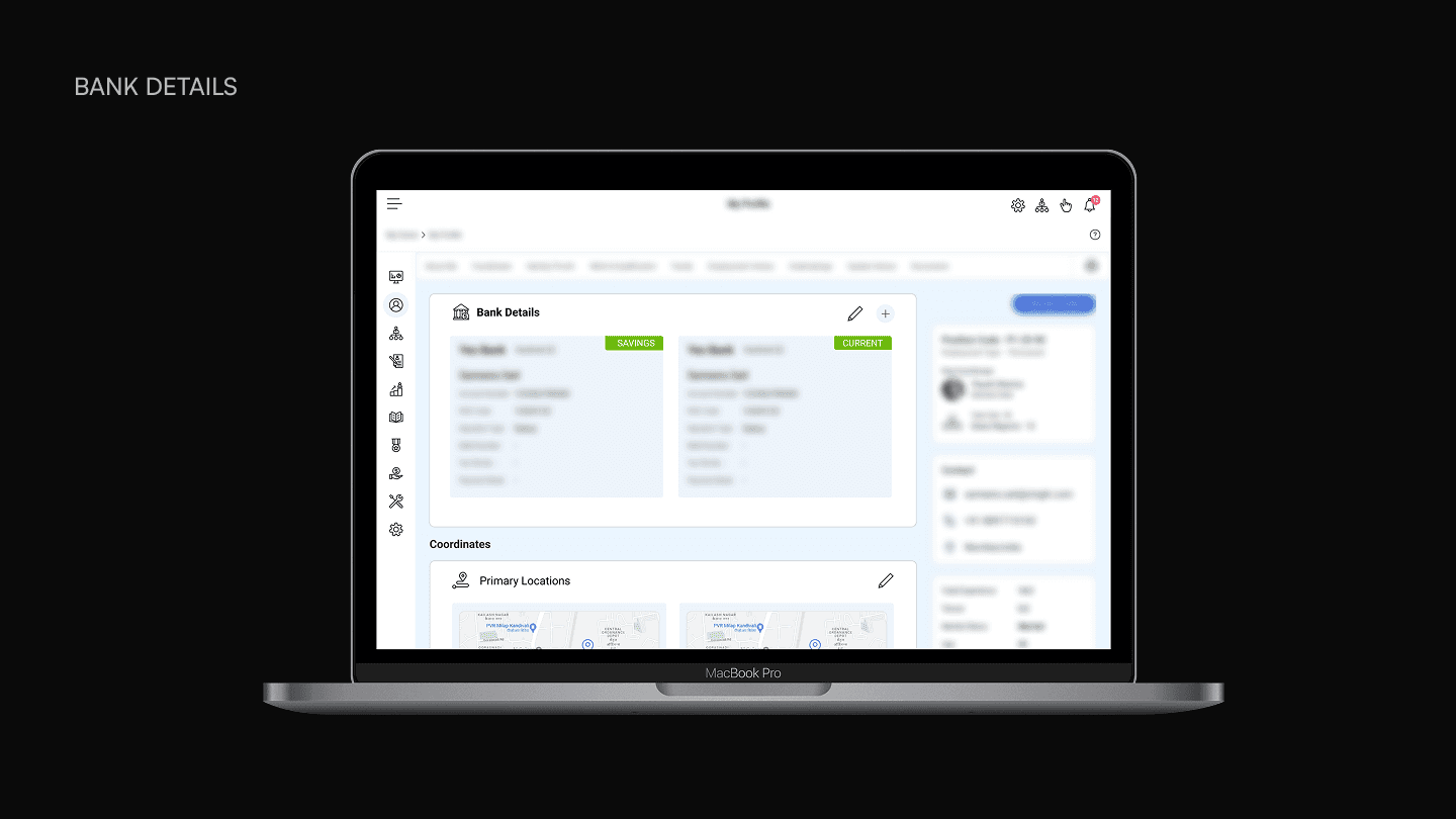 Bank Details with account type badges and Family Members section with card-based layout.