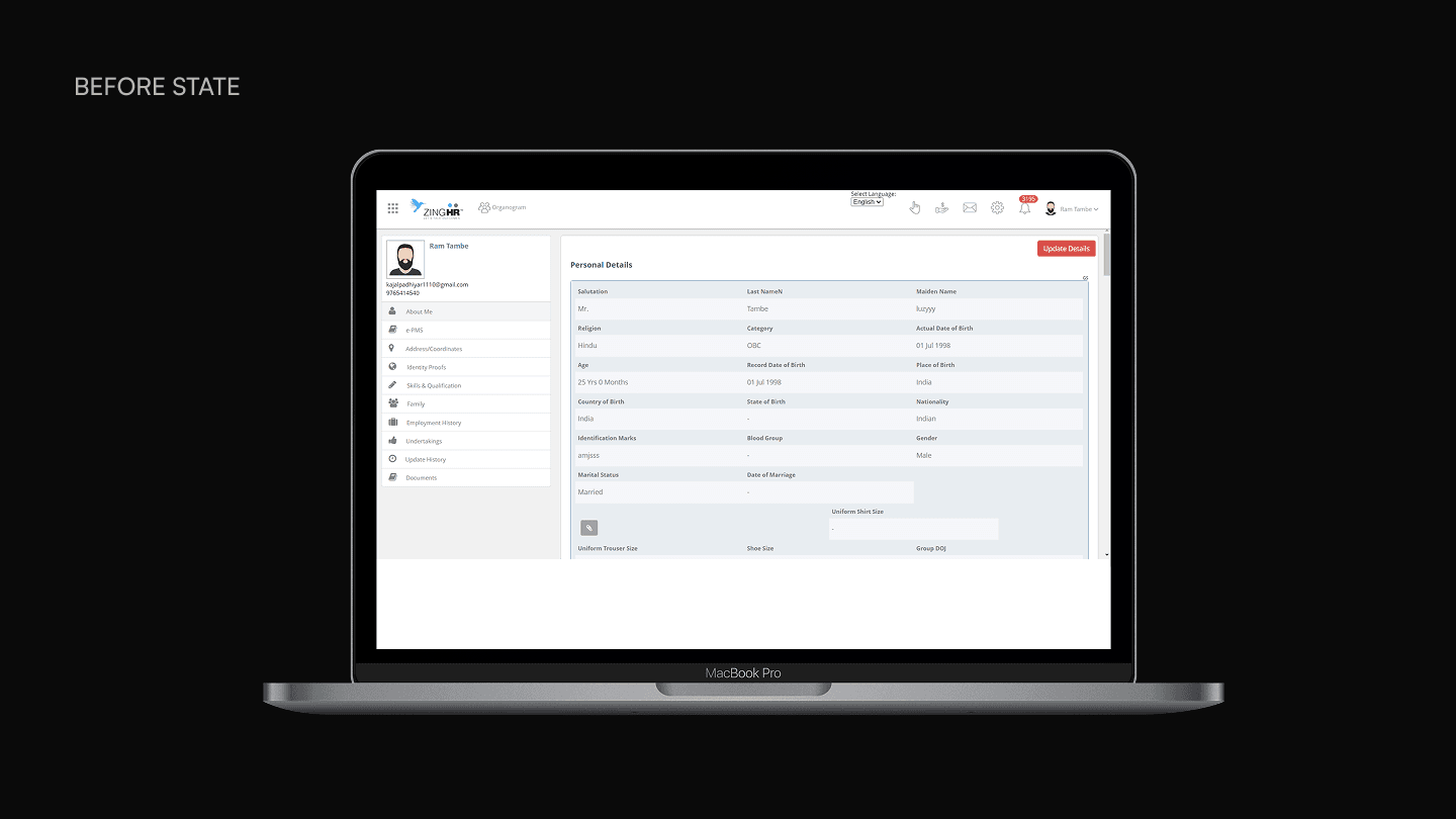 Original Employee Dossier interface with vertical tabs and cluttered navigation.