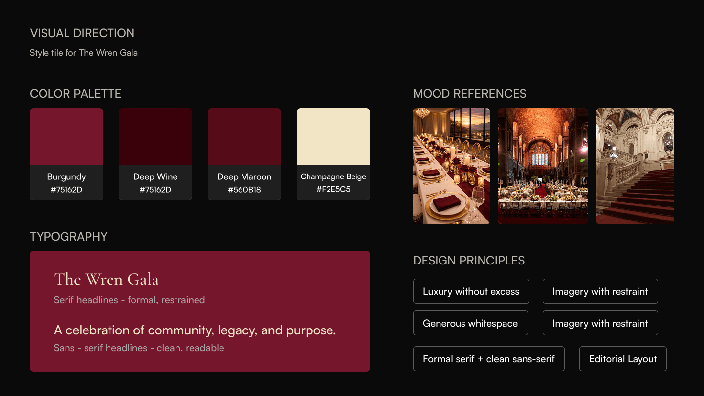 Visual direction: color palette, typography, mood references