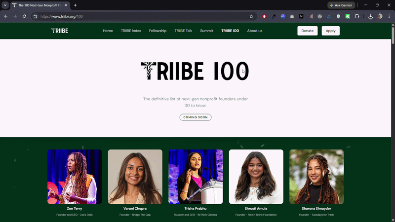 The live Triibe100 page with subtle leaves drifting behind the honoree grid